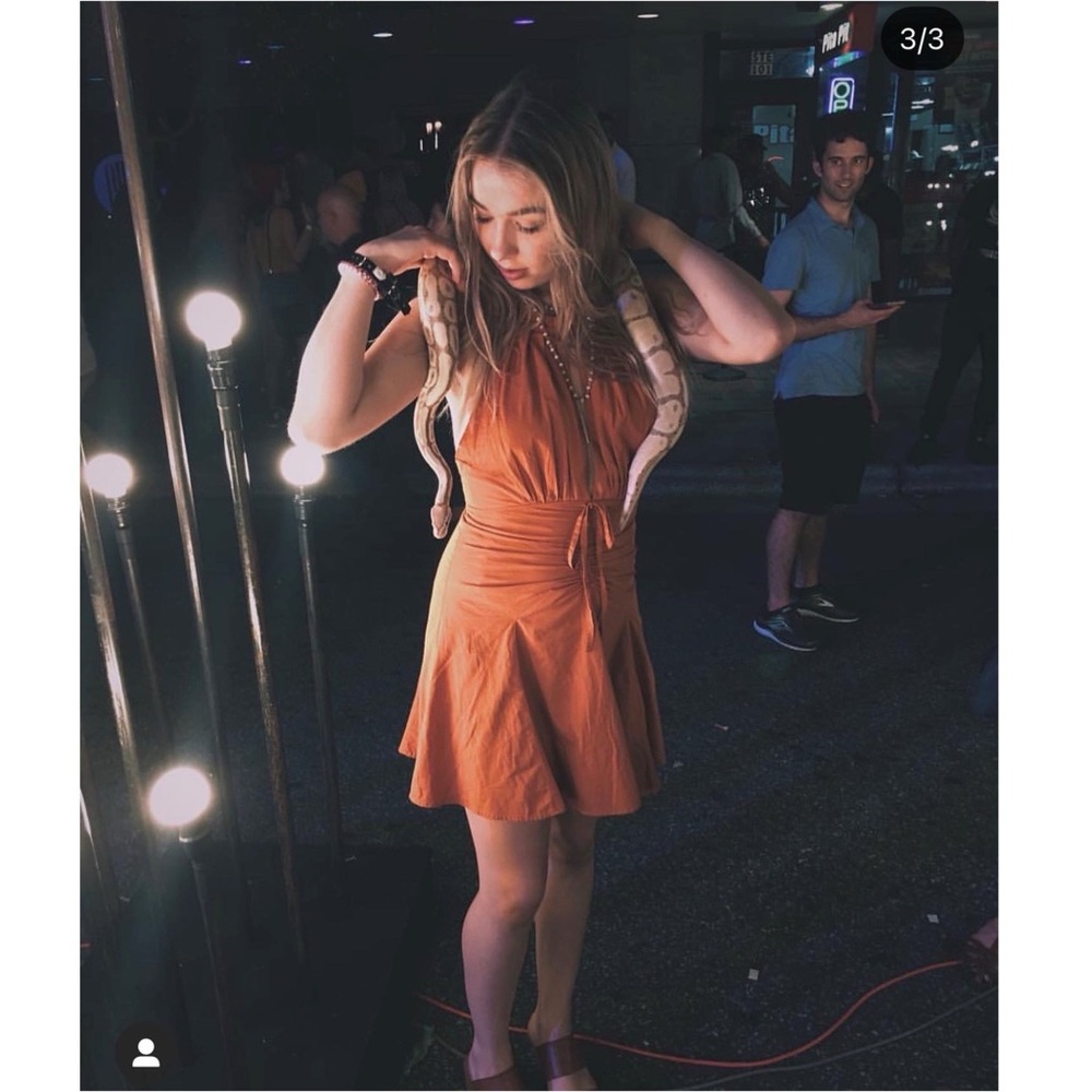 Free People Y2K -esque Orange Halter Dress Backless Gold Detail Cinch Front